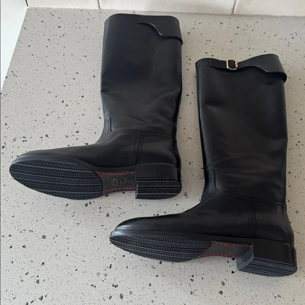 Mara Bini Black Knee-High Leather Boots Gold Buckle Sleek Pull-On Design Size 37